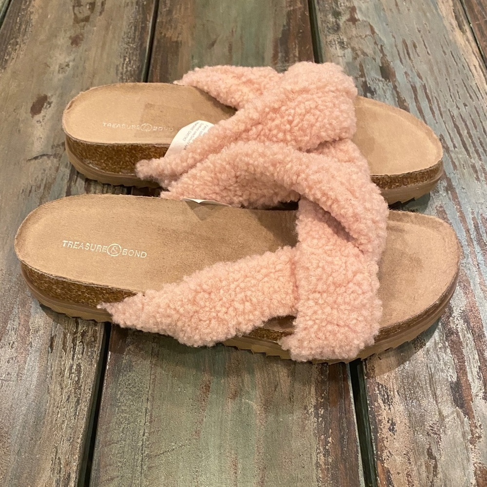 Treasure & Bond Teddy Blush Cork Faux Shearling Fleece Sandals Slides Slippers 7 - Picture 2 of 8